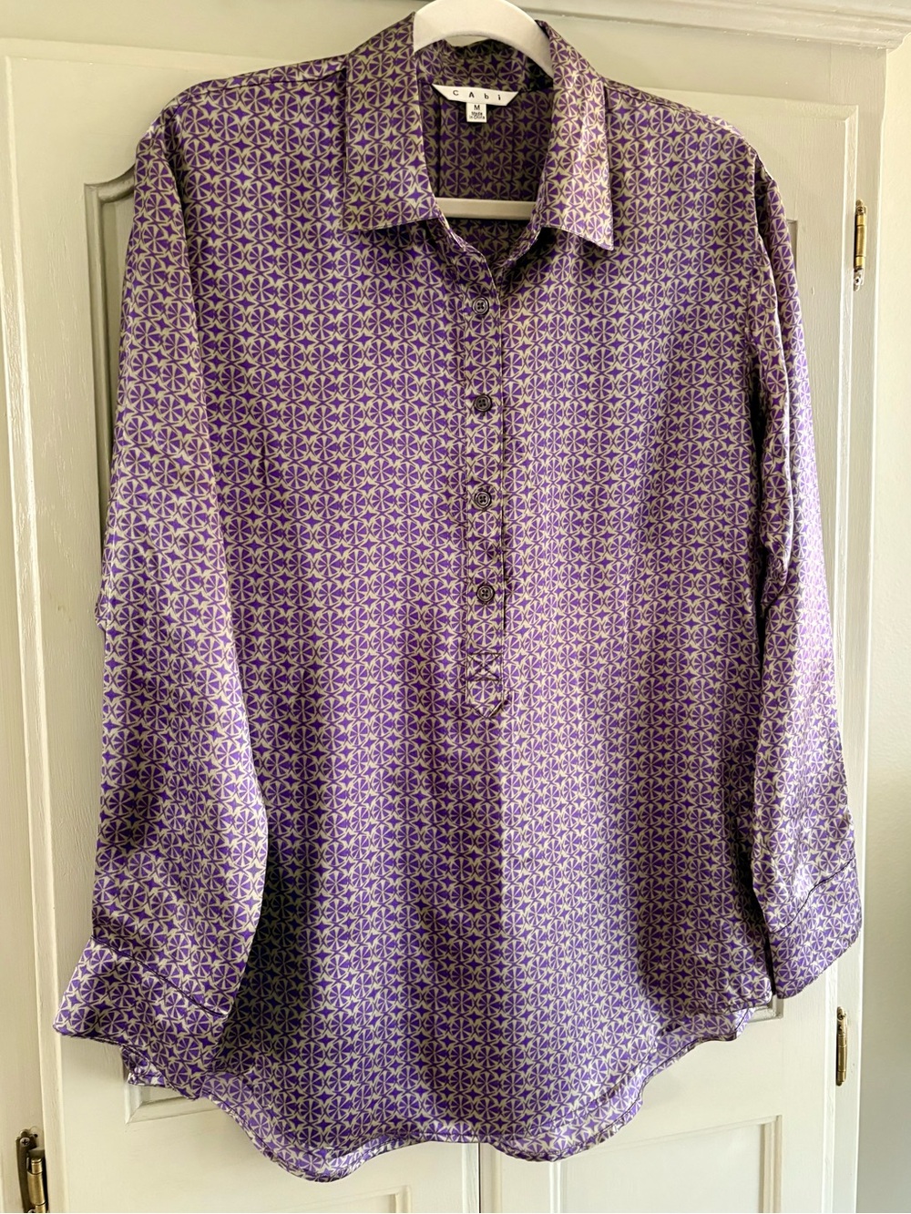 CABI 100% Silk Geometric Print Blouse‎  Tunic Top | Purple Green | Size Medium